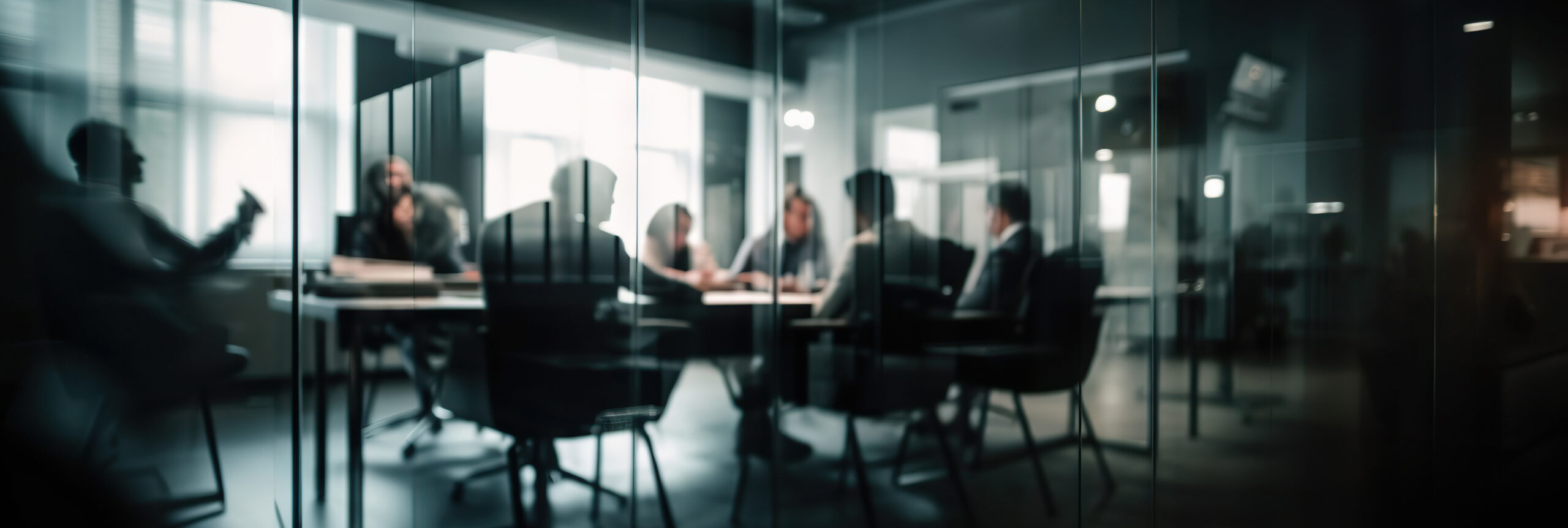 Business team in a meeting room, seen through glass walls, engaged in discussion and collaboration.