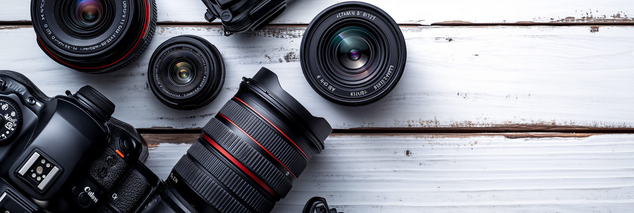 Collection of camera lenses and photography equipment on a wooden surface.